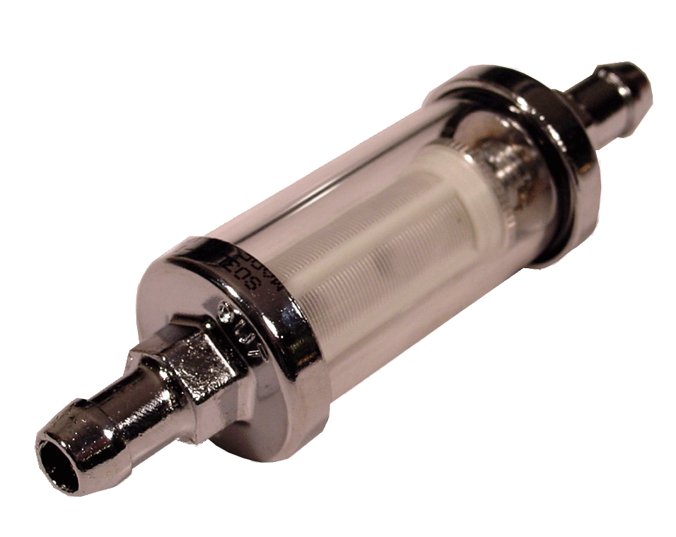 Benzinfilter, Kraftstofffilter 40mic 9,5mm Anschluss Glasgehäuse max 0,7bar Druck