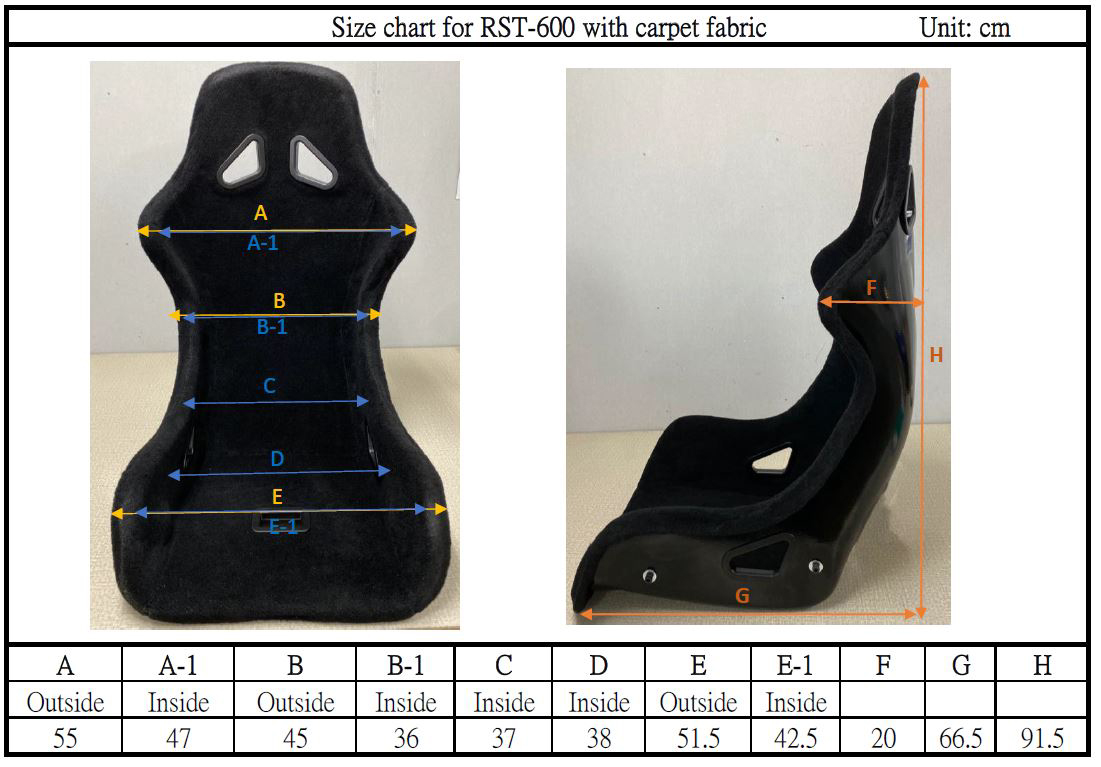 size chart for RST-600 with carpet fabri