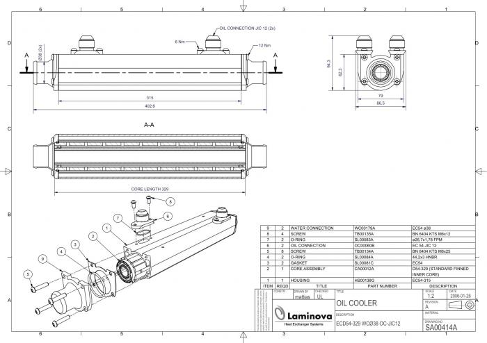 Laminova Ölkühler 395mm Ölanschluss: AN12 (1-1/16-12) 
Wasseranschluss: Durchmesser 38mm SA00414